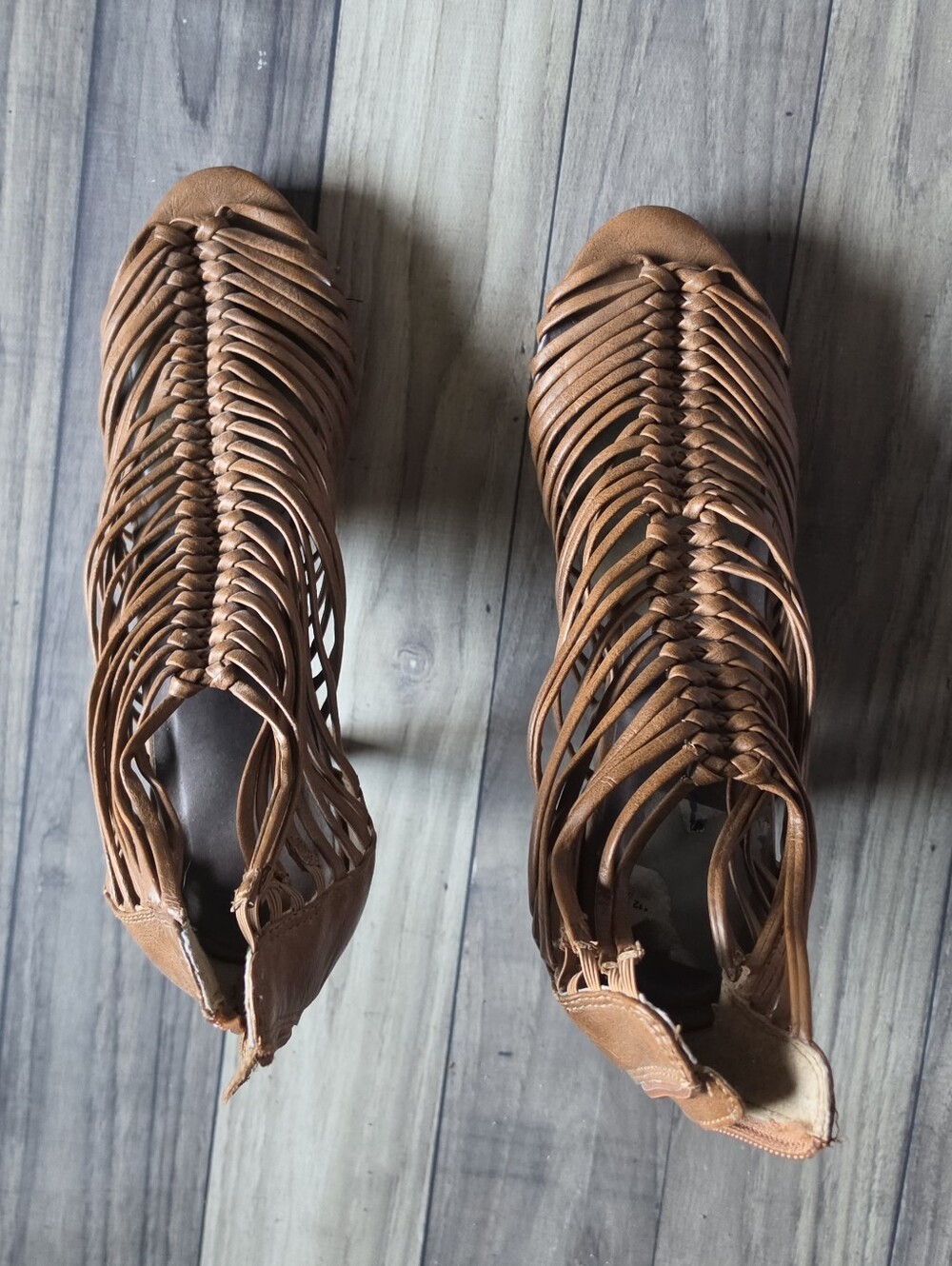 Tan Woven Gladiator Sandals - Women Shoes